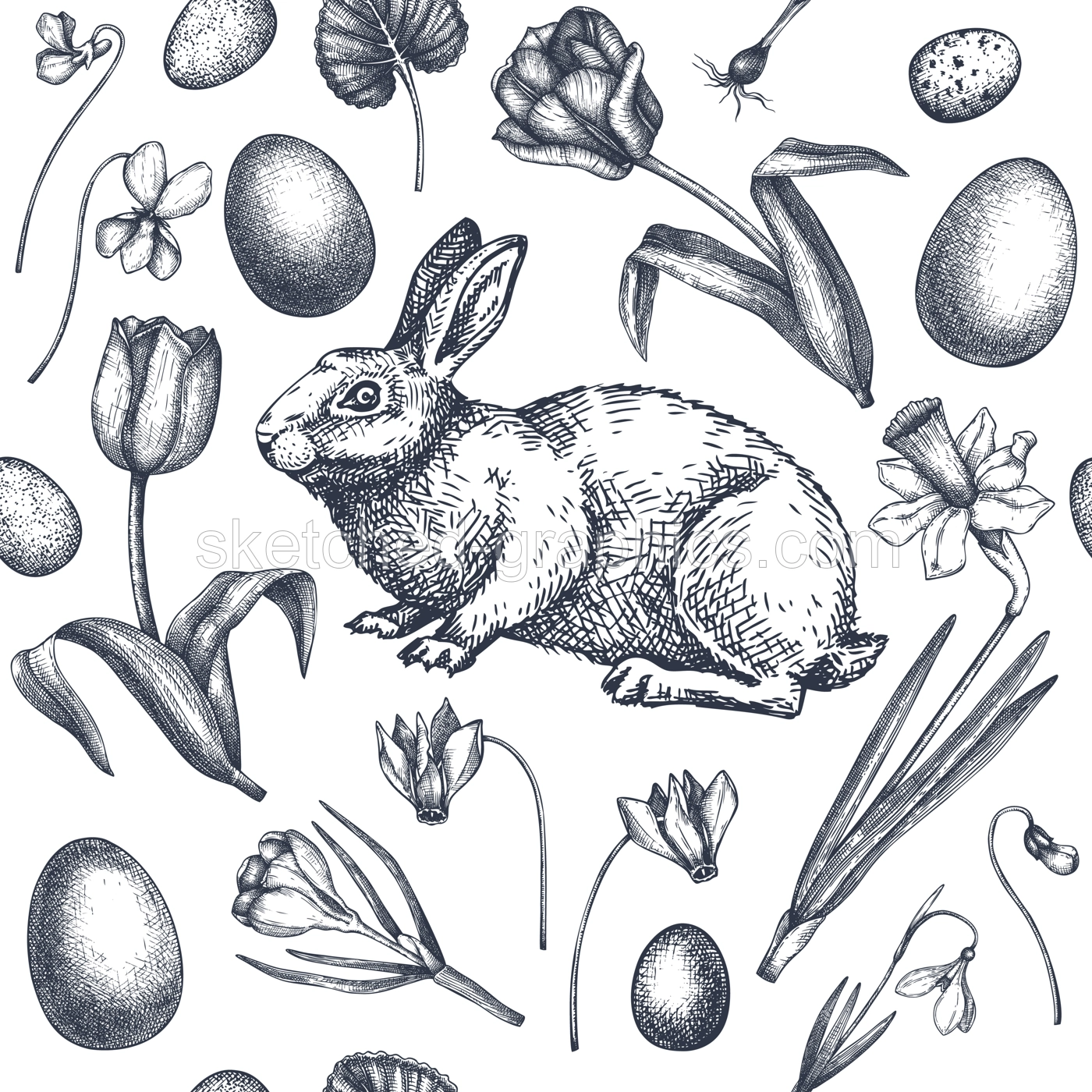Easter seamless pattern. With spring flowers, eggs and rabbit hand-drawings. Hand-sketched botanical backdrop. Spring plants and animals sketches. Vector Easter background Illustration
